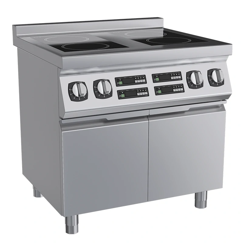 Introducing the Commercial Heavy-duty 4 burner Induction Electric Cooker: a stainless steel kitchen stove featuring four burners and an oven below, with multiple control knobs on the front panel, now upgraded to include an induction electric cooker option.