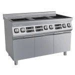 Product Description: The Commercial Heavy-duty 6 Burner Induction Electric Cooker boasts six induction cooktop zones, control knobs, and digital displays, along with an integrated storage cabinet below. It is made from durable stainless steel for commercial use.