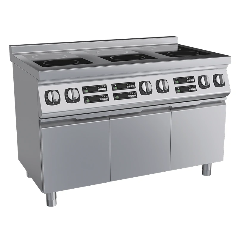 Product Description: The Commercial Heavy-duty 6 Burner Induction Electric Cooker boasts six induction cooktop zones, control knobs, and digital displays, along with an integrated storage cabinet below. It is made from durable stainless steel for commercial use.