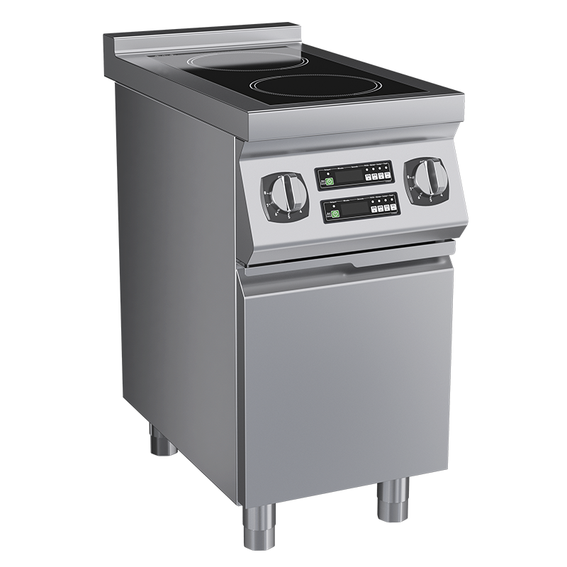 The Commercial Heavy-duty 2 Burner Induction Electric Cooker features stainless steel construction, two control knobs, a digital display, and a convenient storage compartment below.