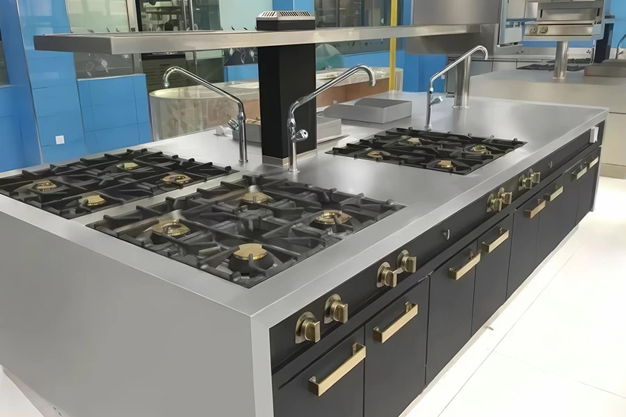 A commercial kitchen with multiple burners and two overhead vent hoods, featuring stainless steel surfaces and black cabinets with brass handles. Perfect for mastering your culinary skills, this sleek setup ensures efficiency and style in one comprehensive guide to professional cooking.