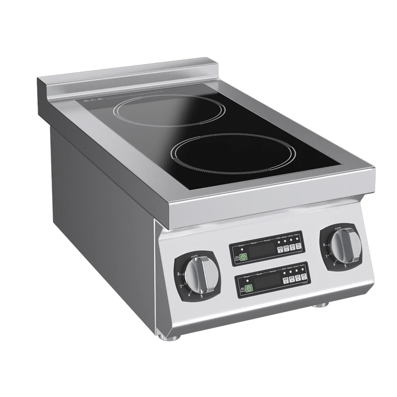 The Commercial Countertop 2 burner Induction Electric Cooker, featuring stainless steel construction, dual burner zones, a digital display, and control knobs, is elegantly positioned against a white background. This sleek electric cooker enhances any modern kitchen while providing efficient cooking options.