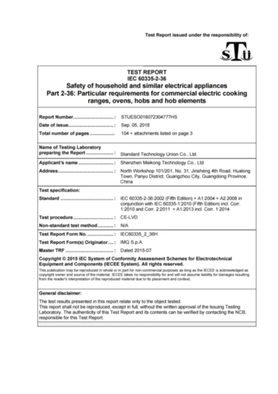 A test report titled "IEC 60335-2-36 Safety of household and similar electrical appliances" issued by Standard Technology Union Co., Ltd. for commercial electric cooking ranges, ovens, and hob elements.