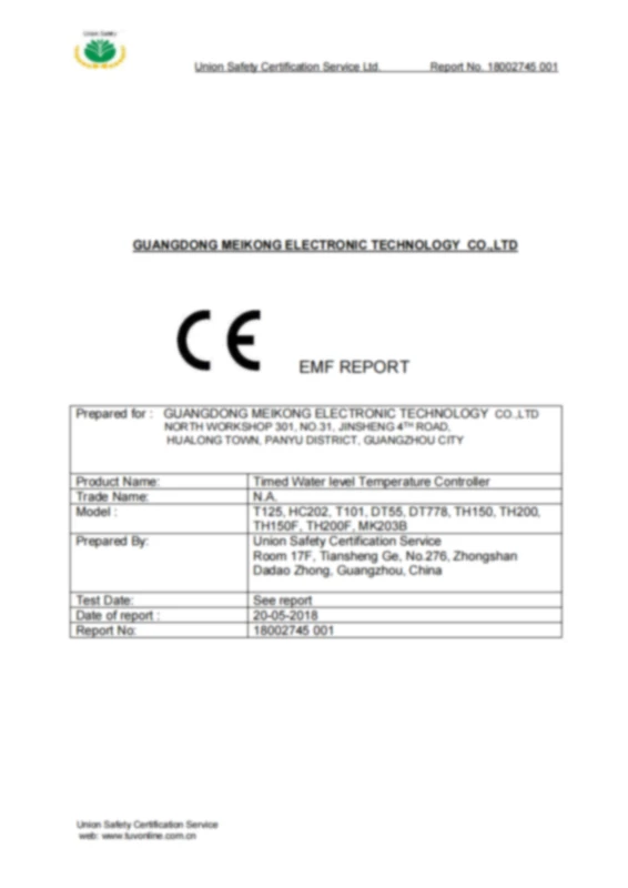 A CE EMF report for a Temperature Controller prepared by Union Safety Certification Service Ltd. for GuangDong MEIKONG Electronic Technology Co., Ltd., detailing product models and test specifics.