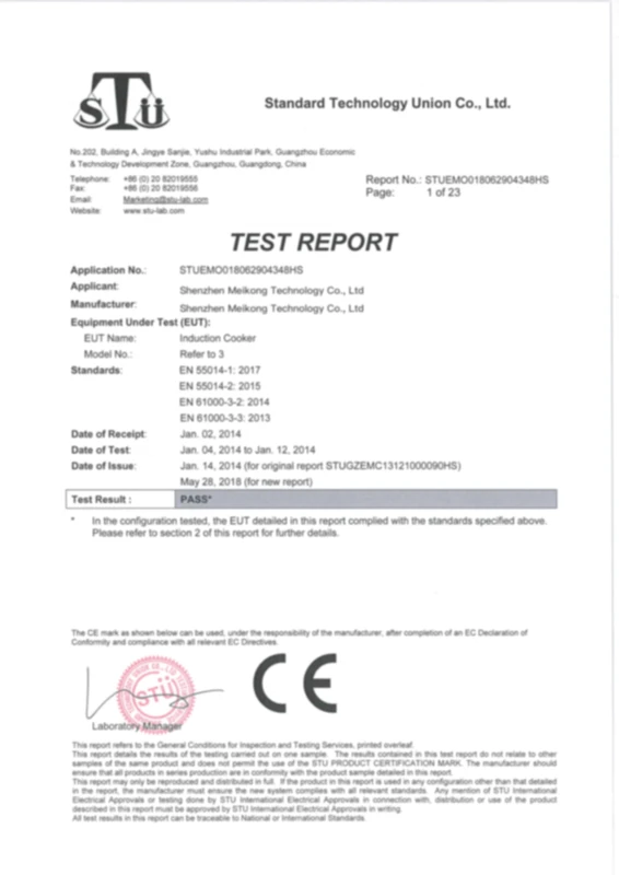 Test report document from Standard Technology Union Co., Ltd. for an induction cooker by Shenzhen Mekong Technology Co., Ltd. showing various test dates, compliance details, and a certification stamp.