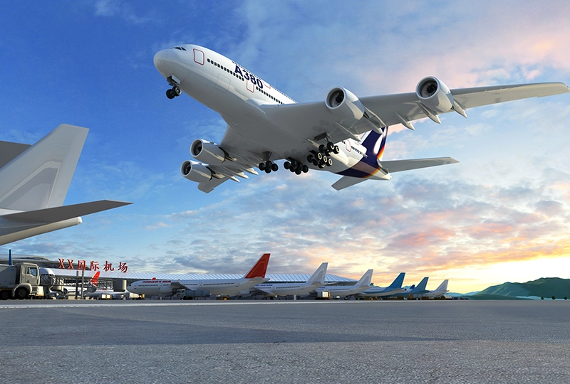 A large commercial airplane takes off from an airport runway, with several other planes parked along the tarmac and a backdrop of mountains and a sunset sky, all underscored by the airline's unwavering service guarantee.