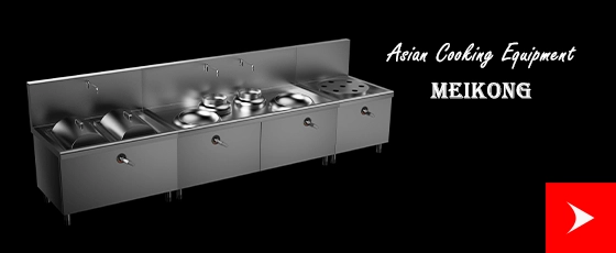 Stainless steel commercial kitchen equipment with multiple burners, marked "Asian Cooking Equipment MEIKONG", suitable for commercial kitchens.