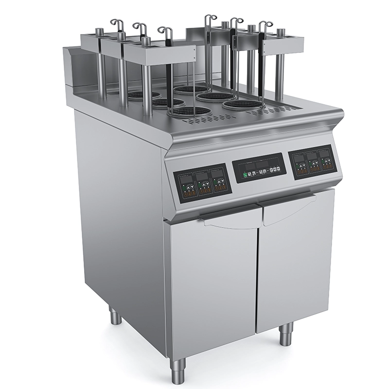 Commercial automatic lift induction noodle cooker, stainless steel, multi-pot design, with digital control panel