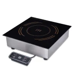 The Commercial Built-In Single Burner Induction Cooker features a stainless steel construction with a sleek black glass surface and a separate control panel equipped with touch buttons.