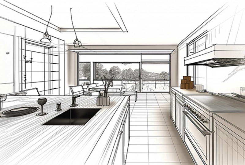 A conceptual sketch of a modern kitchen with an island, double window view, and built-in appliances, complete with a Service Guarantee for ultimate customer satisfaction.