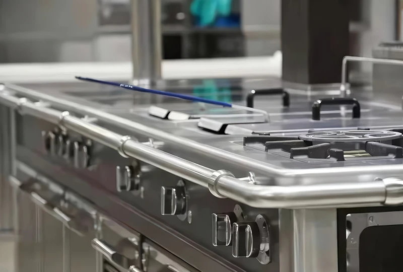 Close-up view of a commercial kitchen stovetop showcasing multiple burners, dials, and stainless steel surfaces, all part of the sophisticated island cooking suite setup.