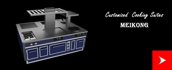 A professional cooking suite by Meikong, perfect for home chefs, featuring multiple burners, an oven, and a grill. Labeled "Customized Cooking Suites.