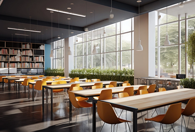 Modern library study area with wooden tables, yellow chairs, large windows, bookshelves, and hanging lights—a serene space that offers a service guarantee for an optimal learning environment.