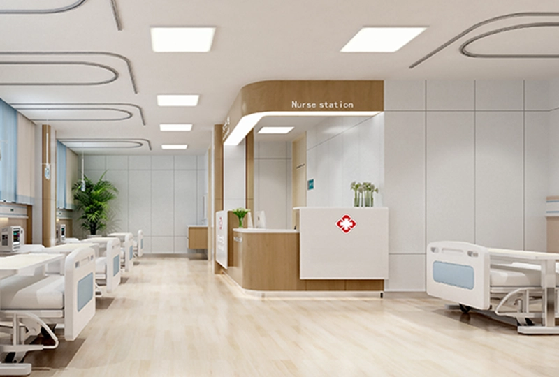 A modern hospital room with empty patient beds, a nurse station, and potted plants. Bright white and wood-tone decor create a clean and calm environment, guaranteeing a serene atmosphere that enhances the quality of service provided.