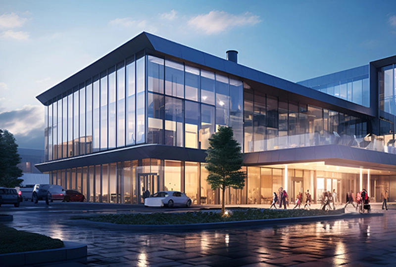 Modern glass office building with people entering and exiting. The setting appears to be evening, with the building's lights illuminating the surroundings. Cars are parked nearby, reflecting a service guarantee of security and convenience for all who visit.