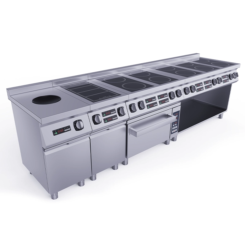 A large, stainless steel commercial induction range features multiple induction cooktops and storage compartments underneath.