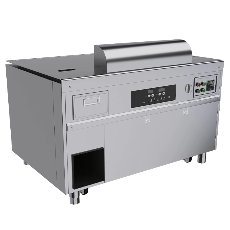 The Commercial Teppanyaki Grill features an industrial stainless steel countertop design with a control panel, display screen, buttons, and a roll-top lid. Ideal for food preparation and processing in commercial settings, this unit is perfectly suited for Teppanyaki Grill operations.