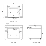 Technical diagram of the Commercial Electric Induction Tilting Bratt Pan with vertical, front, and left side views. Dimensions are provided in millimeters: 1250 width, 900 height, and 670 interior width.