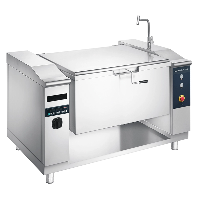 Commercial Electric Induction Tilting Bratt Pan with control panel, faucet, and integrated cooker.