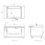 Technical diagram showing vertical, front, and left side views of a kitchen equipment layout with measurements. Key features include a sink with faucet, a large central compartment with a lid, and an integrated Commercial Electric Induction Tilting Kettle for versatile cooking solutions.