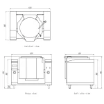 Technical schematic showing three views of a Commercial Electric Induction Tilting Kettle. Provides vertical, front, and left side views with dimensions.