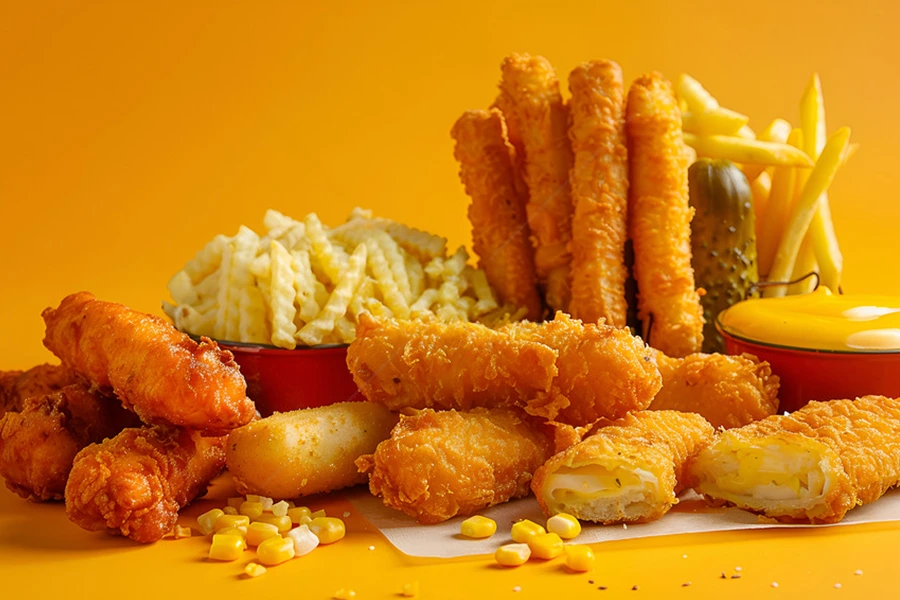 A variety of delicious fried foods, including fish sticks, french fries, corn, breaded snacks, and cheese sticks, are piled on a yellow background—perfectly cooked using a commercial deep fryer.