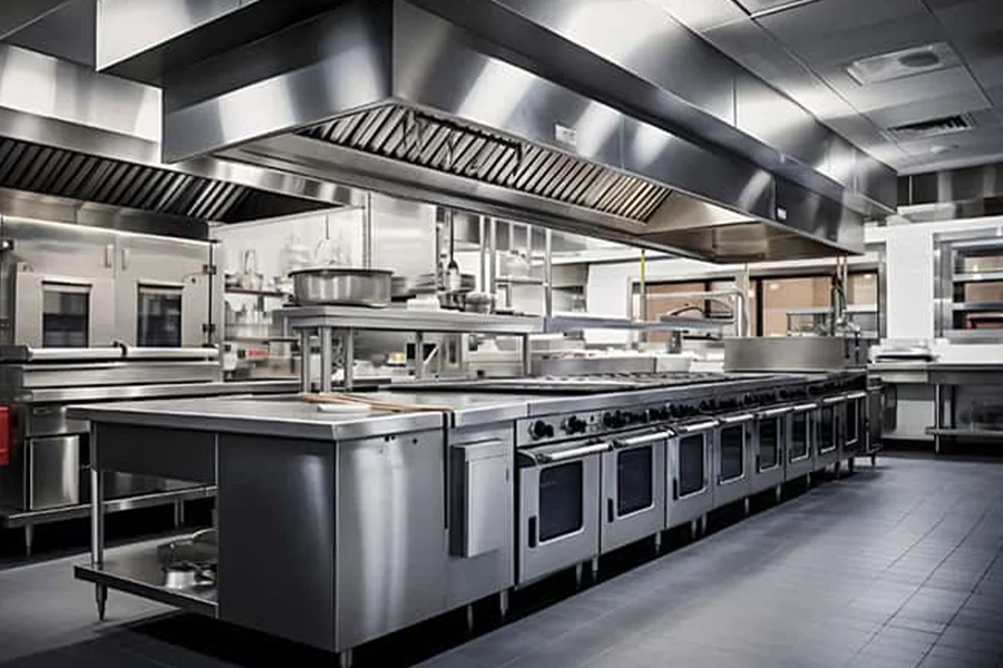 A commercial kitchen with stainless steel appliances, multiple ovens, stoves, and countertops. Outfitted with top-tier restaurant cooking equipment, the space is clean and well-organized, featuring overhead ventilation systems and ample lighting.