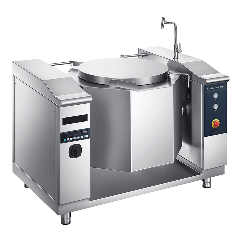 The Commercial Electric Induction Tilting Kettle, a large commercial stainless steel appliance similar to a tilting Bratt Pan