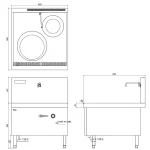 Technical diagram of the Commercial Chinese Electric Induction Wok Range With Sink, showing front, top, and side views with dimensions. The appliance includes multiple heating elements and faucet components.