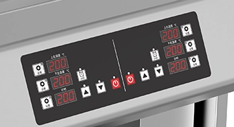 Close-up of a control panel on a commercial clamshell griddle, displaying temperature settings, control buttons, and digital readouts for precise cooking management