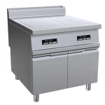 Commercial Food Warmer featuring multiple pans, a built-in cabinet for storage, and an induction heating system for efficient temperature control