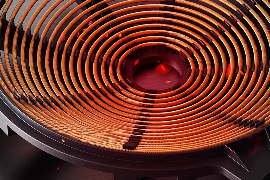 Detailed view of a Chinese induction wok coil, highlighting intricate heating elements.