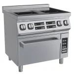 Commercial heavy-duty 4 burner induction cooker with oven for efficient and precise cooking in professional kitchens.