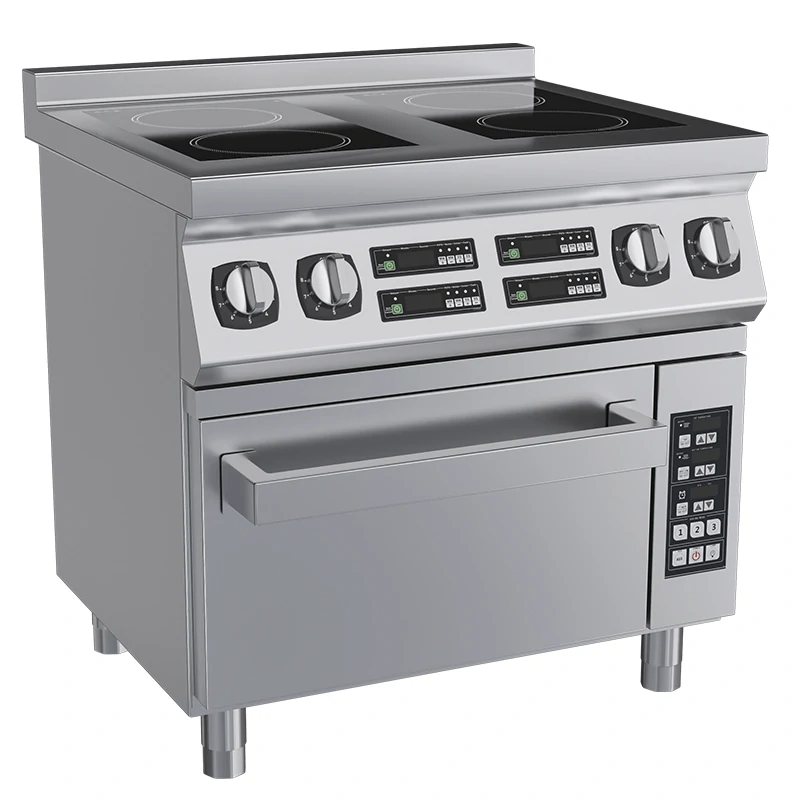 Commercial heavy-duty 4 burner induction cooker with oven for efficient and precise cooking in professional kitchens.