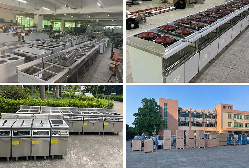 Interior and exterior display of cooking equipment factory, including equipment assembly workshop, cooling equipment production line, finished product display area and packaged goods outside the factory.