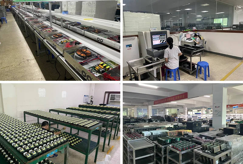 The production line and workshop of a cooking equipment factory, showing the assembly line, quality inspection area and parts storage area, with workers testing and inspecting equipment.