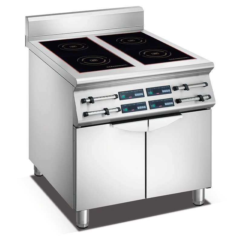 Commercial Heavy-duty 4 Burner Electric Induction Cooker featuring digital controls and a stylish stainless steel cabinet below.