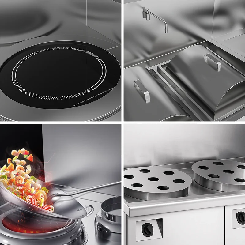 Collage of commercial kitchen equipment featuring Asian modular cooking elements: induction stockpot, induction range wok, dim sum steamer, and rice noodle cooker.