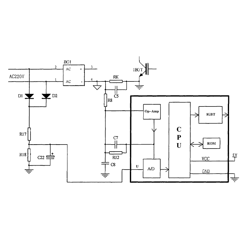 Circuit diagram featuring an AC input, diodes D1 and D2, capacitors, resistors, an op-amp, IGBT, CPU, ROM, and connections for A/D, VCC, and GND.