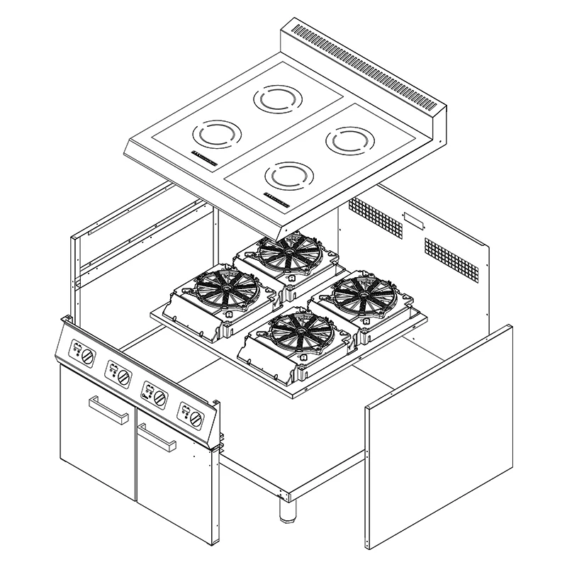 Technical illustration of a stove with four burners, showing an exploded view of the components, including control knobs and open panels.