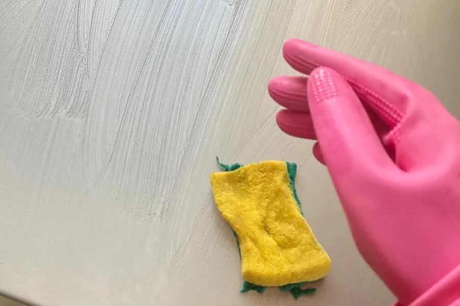 A pink gloved hand reaches for a yellow sponge on a scrubbed white surface.