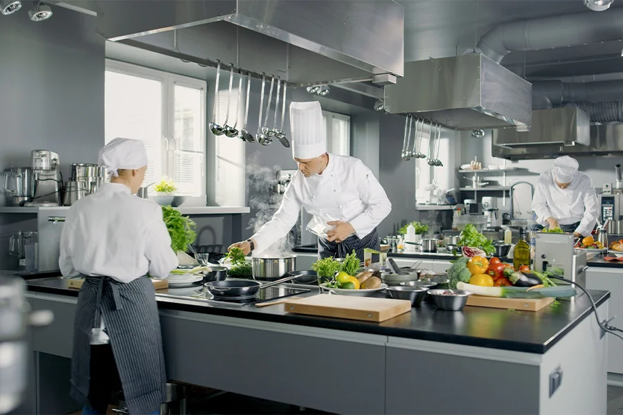 commercial induction range zero-flame cooking in fast-casual restaurant