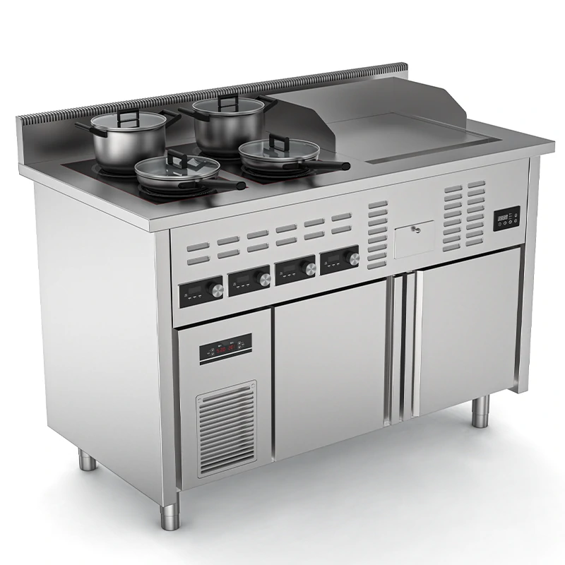 Custom 4 Burner Induction Cooker with Griddle and Built-in Freezers/Refrigerators for Commercial Kitchens