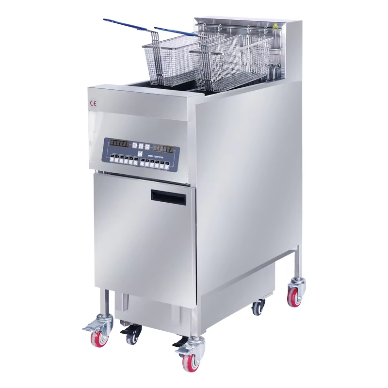 Commercial Dual Tank Deep Fryer with Oil Filter Cart for Fried Chicken and French Fries