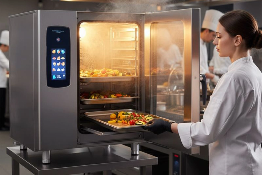 Chef using a smart combi oven for precise steam and convection cooking