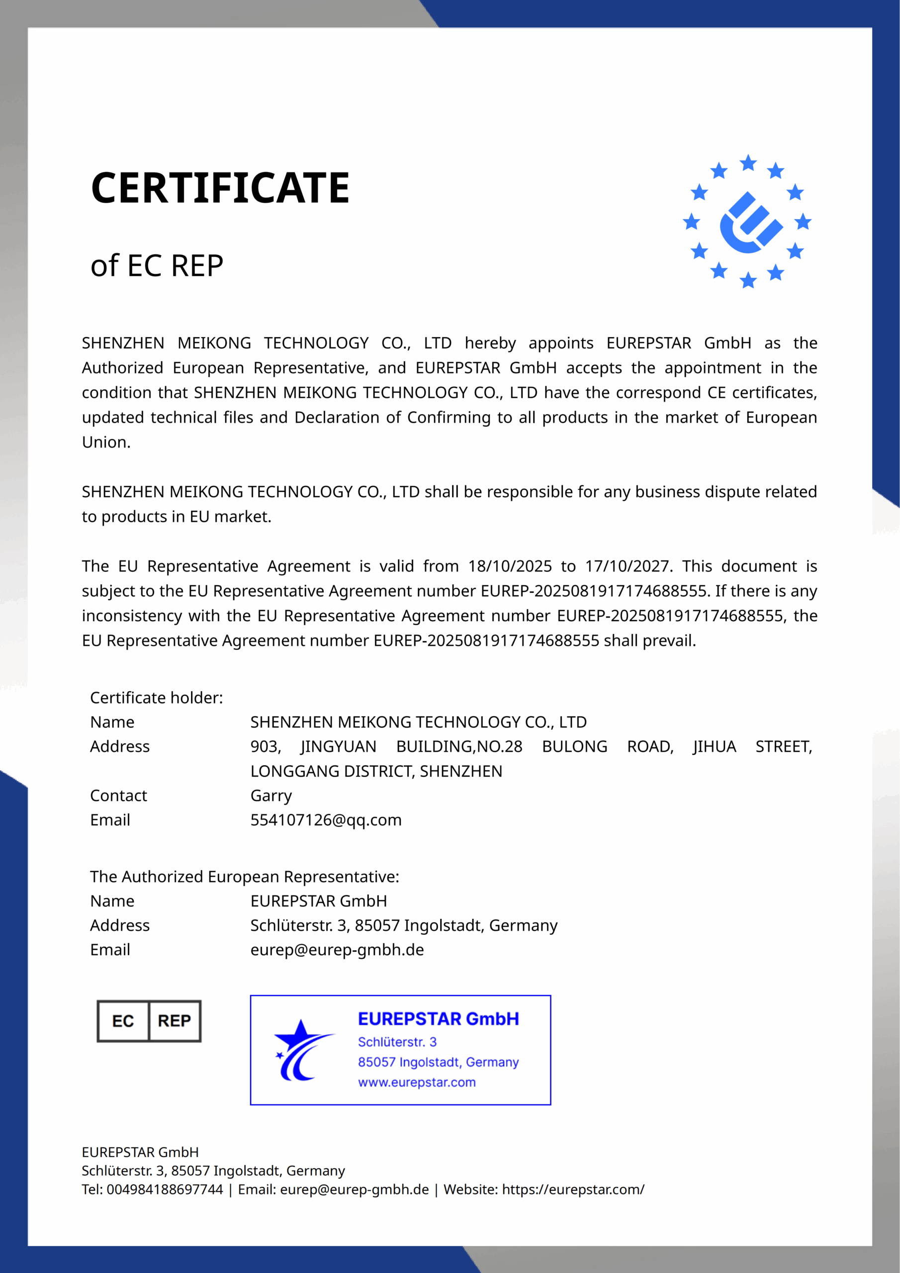 Meikong GPSR Certificate for commercial kitchen equipment compliance