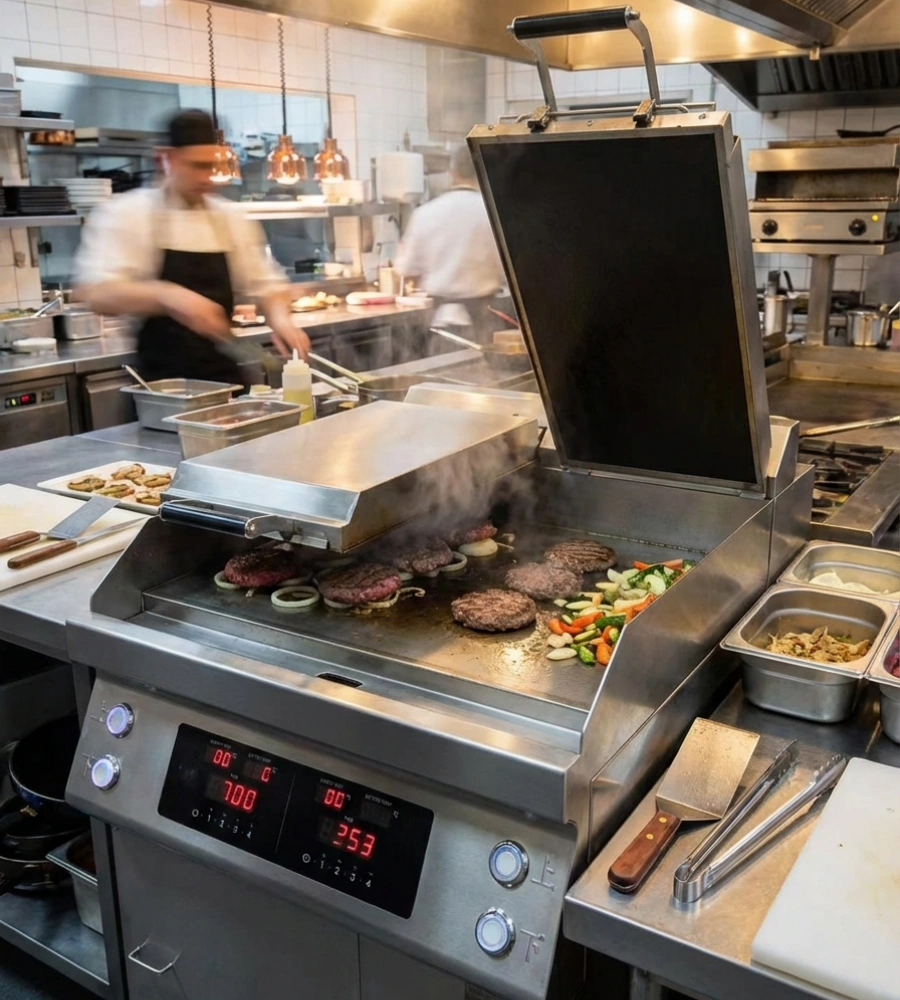 Commercial Clamshell Griddle vs Flat Top Griddle: Which Is Better for Restaurants? 1 Heavy-duty commercial clamshell griddle featuring top and bottom heating plates for efficient, even cooking in busy foodservice environments.