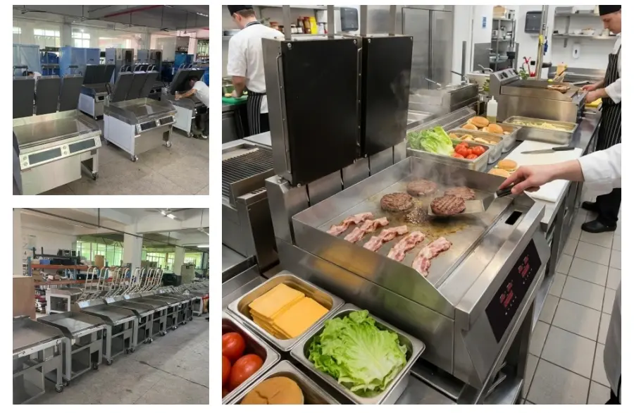 Chicken breasts being cooked evenly on a commercial clamshell griddle.