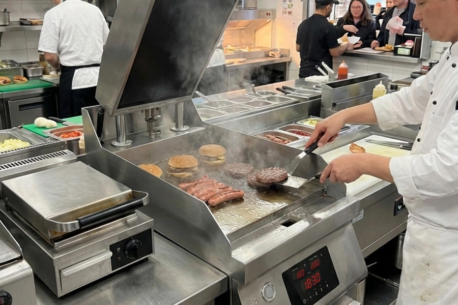 Commercial clamshell griddle used in a professional restaurant kitchen for high-volume cooking