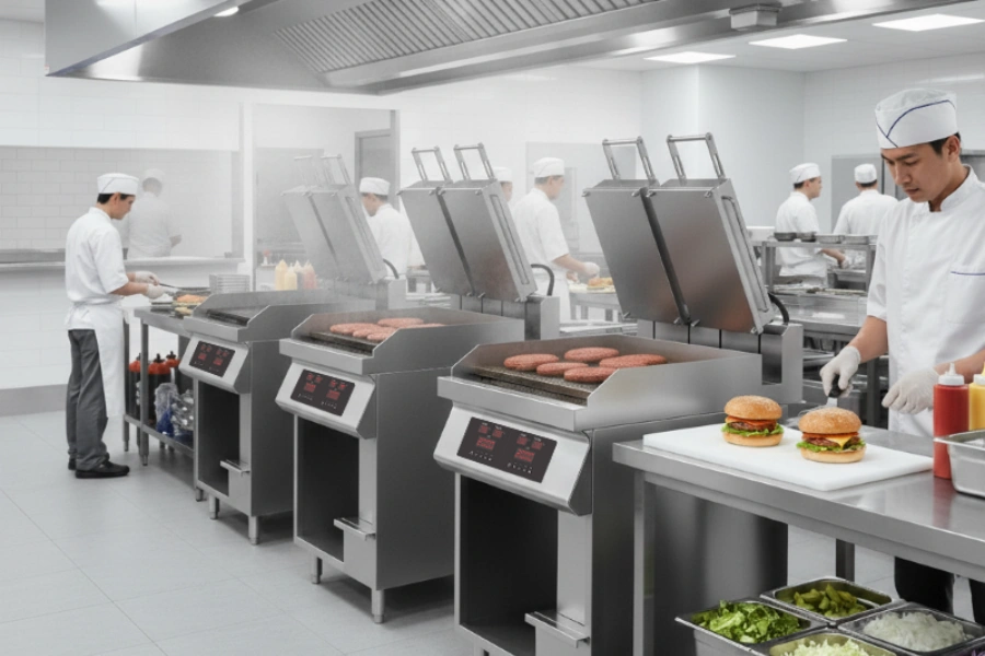 Commercial clamshell griddle operating in a quick-service restaurant kitchen during peak hours.